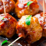 Chicken Meatballs with glaze.selective focus.rustic style