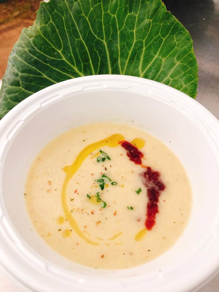 Charred onion cabbage pear soup with black pepper plum jam